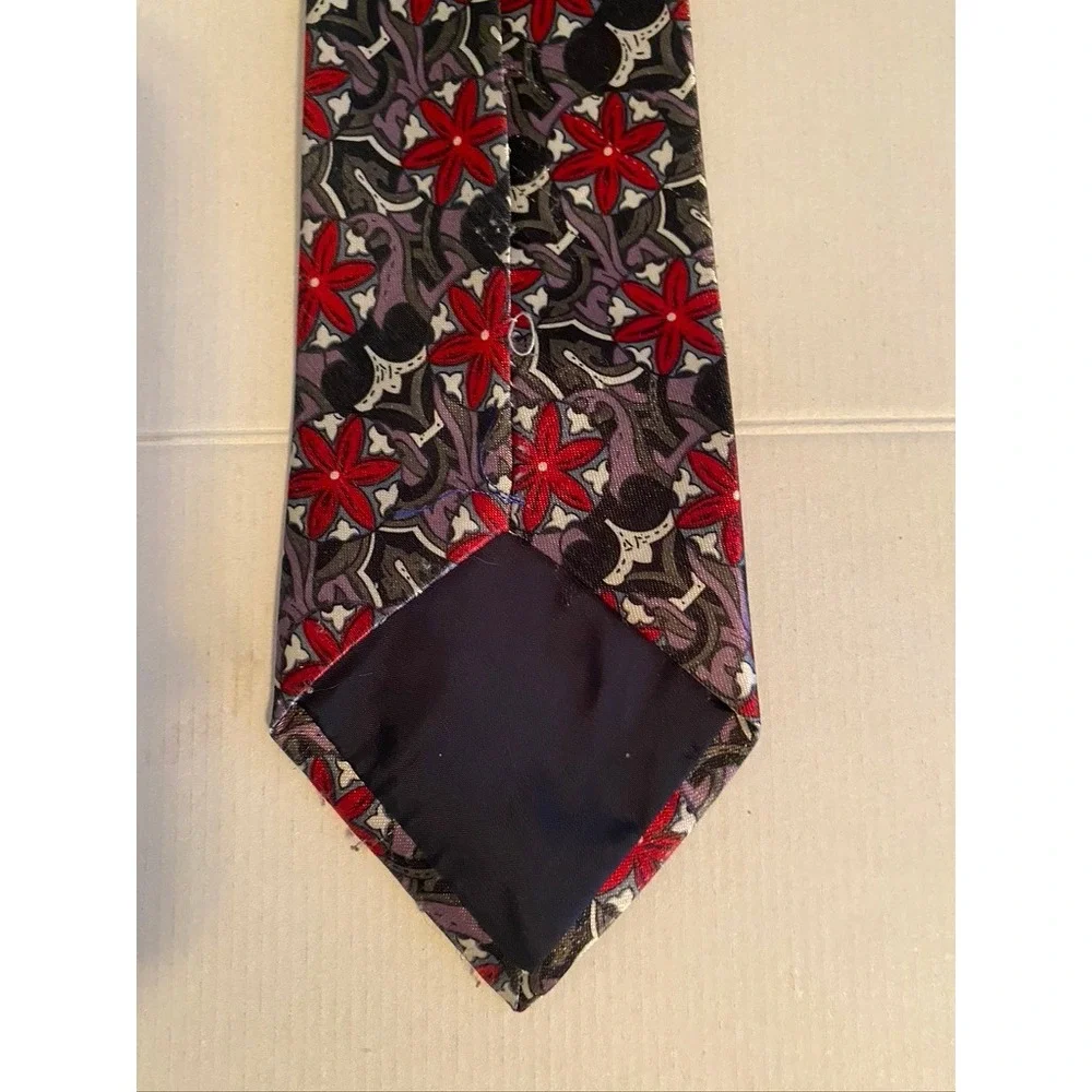 Gold City Handmade Silk Tie Red Grey Floral Geometric Abstract Pattern Necktie